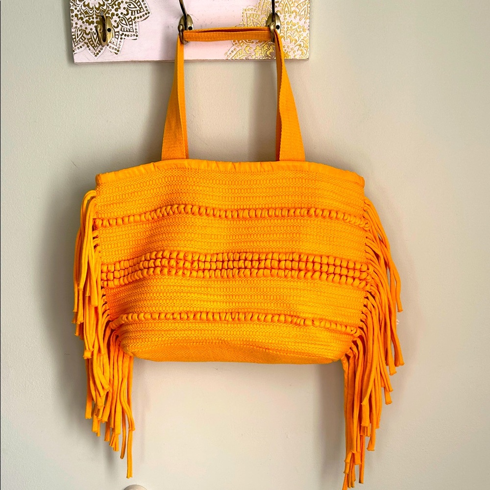 Bright Big Orange Fringe Crochet Tote Bag